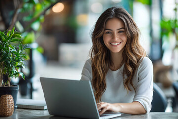 Wall Mural - Smiling Woman Working on Laptop in Coffee Shop