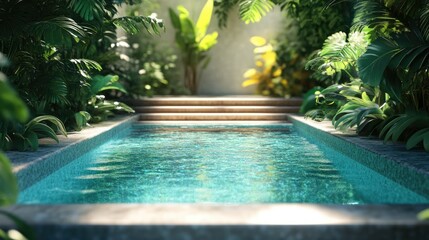 A beautiful outdoor swimming pool with steps leading into the shimmering water, framed by tropical plants in the background.