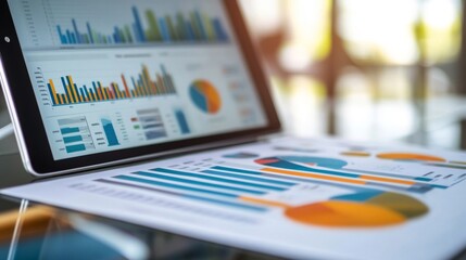Poster - A close-up of a financial dashboard on a tablet or laptop, featuring colorful graphs and data visualizations, set on a sleek desk with business documents