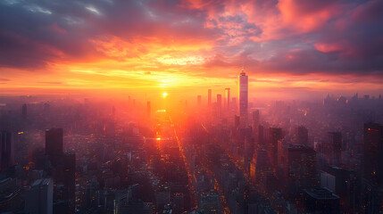 Wall Mural - Dramatic sunset over a modern city skyline.