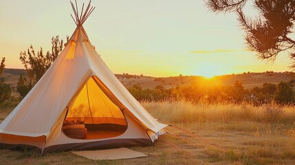 Canvas Print - Teepee Tent at Sunset with Golden Grass and Hills