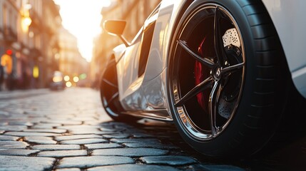 A close-up of a high-performance sports car wheel parked on a cobblestone street, with light reflecting off the metallic spokes.