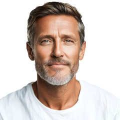 Gray haired man smiling indoors transparent