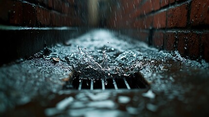 Wall Mural - Water Splashes in a Drain During a Downpour