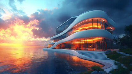 Poster - Modern futuristic house on a cliff overlooking the sea at sunset.