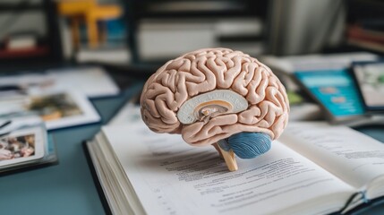 A close-up of a human brain model, with intricate details visible and placed next to educational materials, emphasizing its role in cognitive functions.