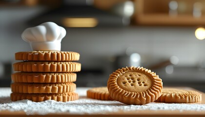 abstract logo design featuring a chef, kitchen elements, and cookie icons, symbolizing culinary crea