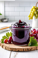 Poster - Grape jelly in a clear glass jar on a wooden table against a light kitchen background
