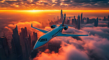 Private jet flying over Dubai skyline at sunset.