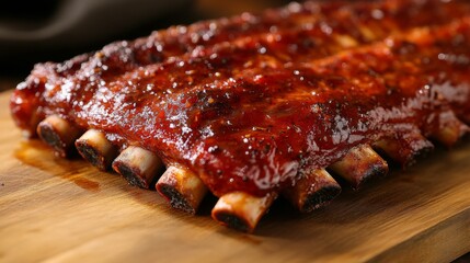 A close-up of a mouthwatering rack of pork ribs, with a caramelized glaze and visible seasoning, placed on a wooden cutting board ready for serving.