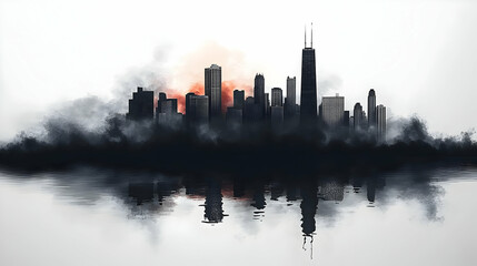 Wall Mural - Silhouette of a city skyline with a cloudy background and reflection in the water.