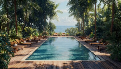 An elegant tropical style swimming pool terrace with a sea view, decorated with rattan poolbeds surrounded by rainforest trees.