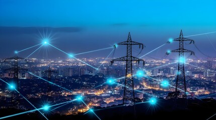 A stunning view of illuminated cityscape at night with power lines and digital connections showcasing energy distribution.