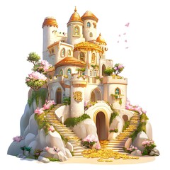 Canvas Print - Fairytale Castle with Golden Steps and Pink Flowers.