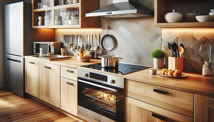 Induction stove, oven and range hood on modern kitchen with wooden furniture. Stainless pan on glass ceramic hob. Cooking food on electric cooker at home. Household appliance. Apartment interior