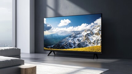 Poster - Modern Living Room with TV Showing Snowy Mountain Landscape