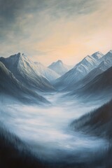 Wall Mural - Oil painting of mist covered mountains at dawn capturing the serene beauty of nature s landscape