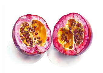 Wall Mural - Oil painting of maracuya showcasing two halves of the fruit isolated against a white background with clipping path included