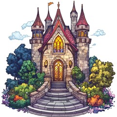 Wall Mural - A charming stone castle with a colorful stained glass door and lush greenery surrounding it.