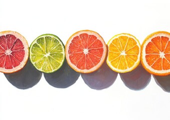 Wall Mural - Vibrant oil painting depicting various citrus fruit slices including grapefruit orange lime and lemon arranged in a row on a white background with a clipping path