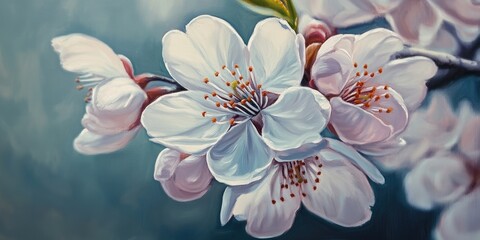 Wall Mural - Close up oil painting of a cherry blossom bloom during spring showcasing delicate petals and vibrant colors