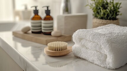 A close-up of bath accessories like a fluffy towel, natural body brush, and a bottle of essential oils on a white marble sink.