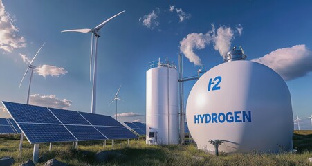 hydrogen energy facility with solar panels and wind turbines for renewable energy production in a gr