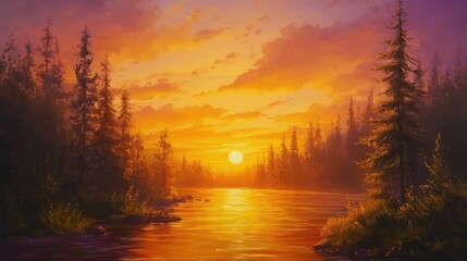 Wall Mural - Oil painting depicting a serene sunset over a peaceful river in a forest highlighting tranquil natural beauty and warm colors