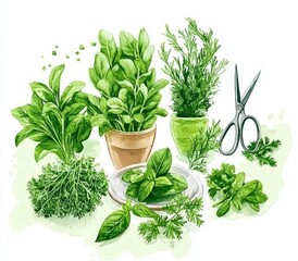 Illustrations of herbs, gardening, kitchen, provence. Parsley, dill, sage, oregano, thyme, mint, basil, bunches of herbs, rope, vintage scissors, ceramic plate - isolated on white.