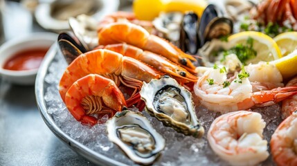 Sticker - A close-up of a seafood platter with an assortment of shrimp, oysters, mussels, and crab, artfully arranged on a bed of ice with lemon and cocktail sauce.