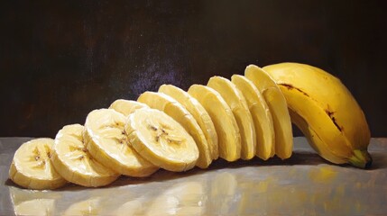 Wall Mural - Oil painting depicting an isolated arrangement of sliced bananas