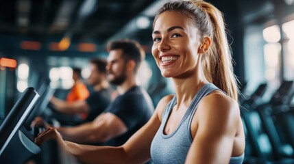 Canvas Print - A woman smiling while running on a treadmill in the gym, AI