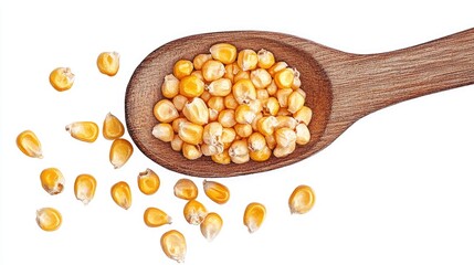 Oil painting depicting dried corn seeds in a wooden spoon isolated on a white background with a clipping path featuring raw popcorn grains and a wooden spoon