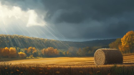 Wall Mural - A field with a hay bale in the middle of it, AI