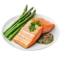 Plate of grilled salmon with asparagus and quinoa salad