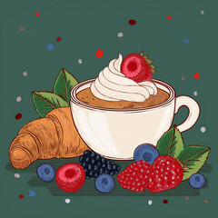 Wall Mural - Stylish illustration, card, design, breakfast print. Coffee, berries, croissant, cream