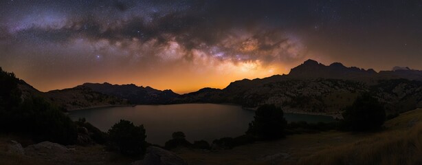 A panoramic view of the Milky Way and the comet Neowise during a starry night