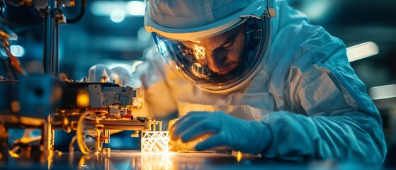 An astronaut using a 3D printer aboard a space station, creating tools and components, symbolizing how technology supports long-term space exploration