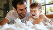 © starush - A man and child playing in a bathtub with soap bubbles, AI