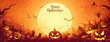 © Crystal - Happy Halloween banner design with pumpkin, spider web, and grass on orange background