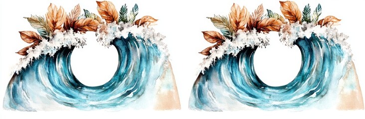 Watercolor hand-drawn illustrations. Surfboard, waves, palm tree. Sea, beach, ocean, recreation, sports, summer.