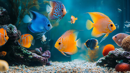 Wall Mural - A colorful fish tank with a variety of species swimming around.