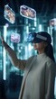 © gnoparus - Woman Experiencing Virtual Reality with Futuristic Holograms.