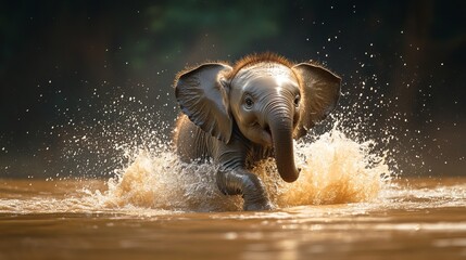 a tiny elephant having fun splashing around in the water.