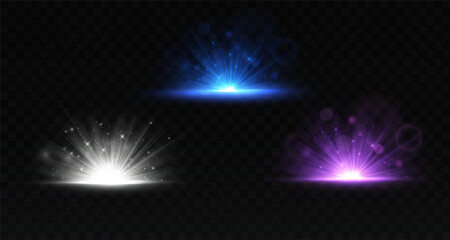 Glowing bright light explosion effect. The effect of a bright flickering flash of light on a transparent background with rays and highlights. Vector illustration. Lens explosion, spark, sparks