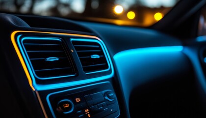 Fototapete - Car Interior. Dashboard Closeup. Modern Car Detail with Futuristic Ambient Blue LED Lighting.