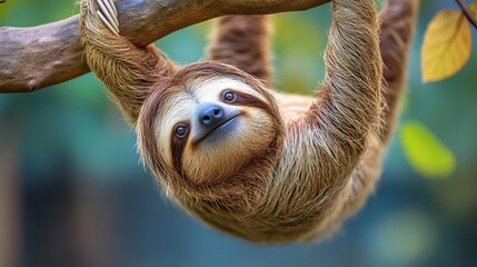 A sloth from Costa Rica hangs upside down scratching its tummy. It looks funny and relaxed.