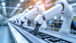 © Oleksandr - Industrial robotic arms assemble lithium-ion battery for electric vehicle. Row of white robotic arms on automated production line in bright modern factory. Electric vehicle production
