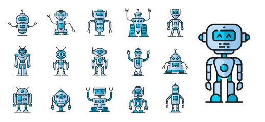 Aufkleber - Color robot line and outline icons of cartoon toy cyborg or robotic android bot, vector characters. Retro robots with mechanical arms and face display, cyber machine or space alien on wheels