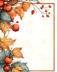 Autumn Harvest Elegance, a delicate watercolor design featuring vibrant autumn leaves and pumpkins, perfect for seasonal invitations or decor background.